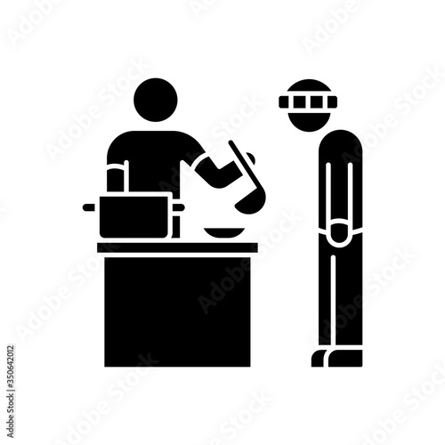 Food bank black glyph icon. Humanitarian aid to homeless people. Volunteer to work at social service program. Public welfare activist. Silhouette symbol on white space. Vector isolated illustration