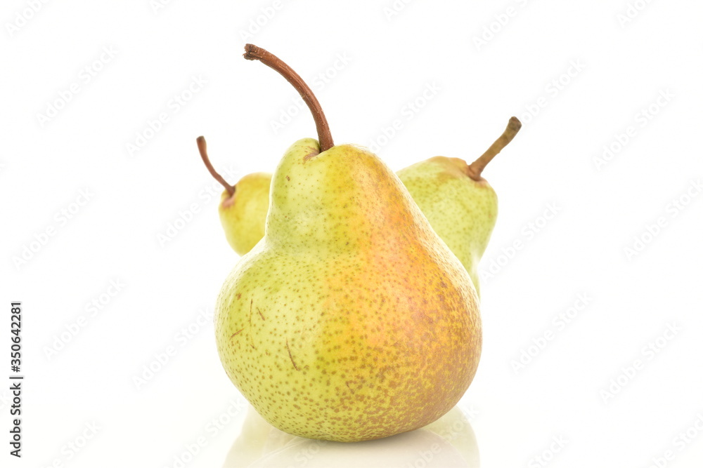 Juicy ripe, sweet, organic green pears, closeup, on a white background.