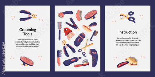 Set templates cards, tag, instruction, assurance. Dog and cat grooming equipment vector flat illustration. Tools for pet care shop, salon. For flyer, banner, poster, sticker, promo, coupon, invitation