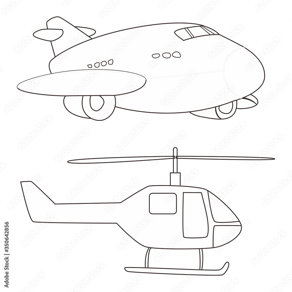 plane and helicopter vector, Cartoon flying transport set, Coloring ...