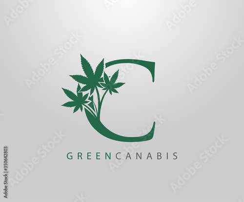Letter C Green Canabis Logo, Initial C With Medical Marijuana Leaf Design.