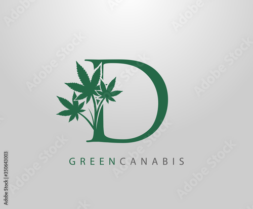 Letter D Green Canabis Logo, Initial D With Medical Marijuana Leaf Design.