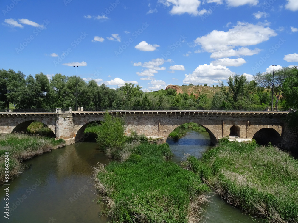Historic Roman and Arab bridge in the city of Guadalajara on the Henares River. Spain.   