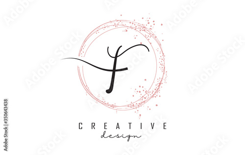 Sparkling circles and dust pink glitter frame for handwritten F letter logo.