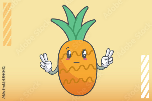 REALLY, ATTENTIVE, Curios Face Emotion. Double Peace Hand Gesture. Pineapple Fruit Cartoon Drawn Mascot Illustration.