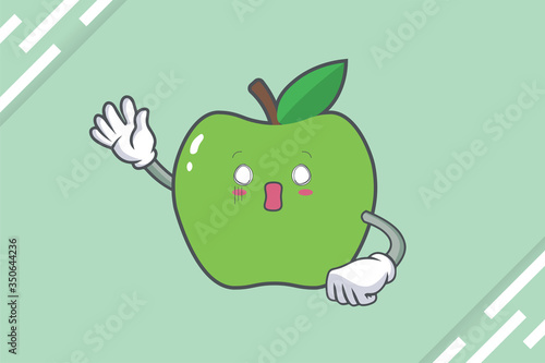 SPACED OUT, SURPRISED, SHOCKED Face Emotion. Waving Hand Gesture. Green Apple Mascot Illustration.