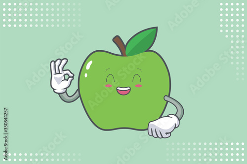 LOL, HAHA, LAUGH, fun Face Emotion. Ok, Nice, Good Hand Gesture. Green Apple Cartoon Mascot Illustration.