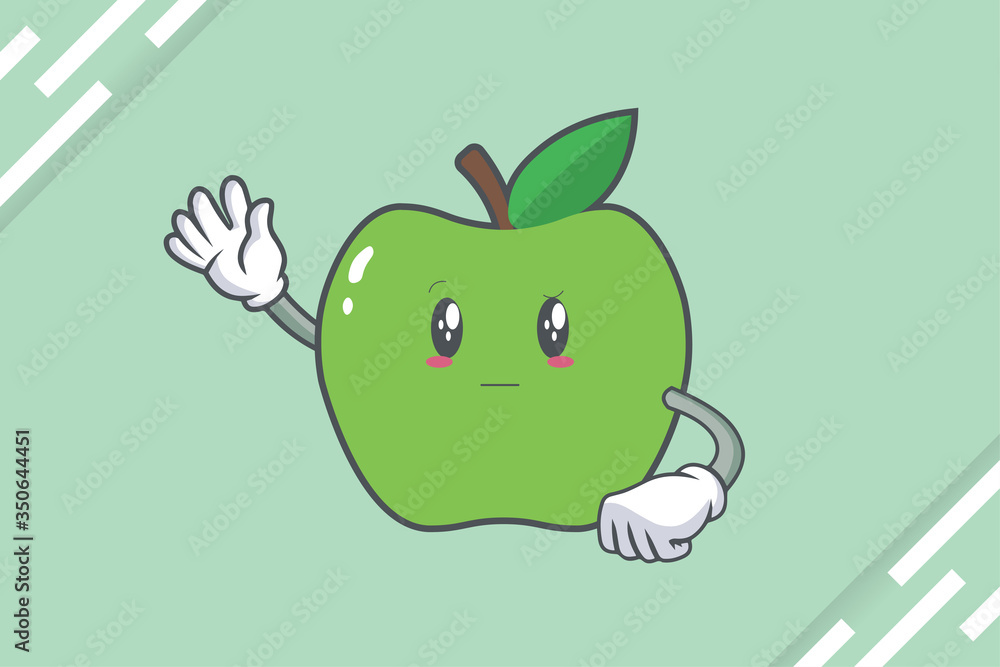 Naklejka premium REALLY, ATTENTIVE, Curios Face Emotion. Waving Hand Gesture. Green Apple Mascot Illustration.