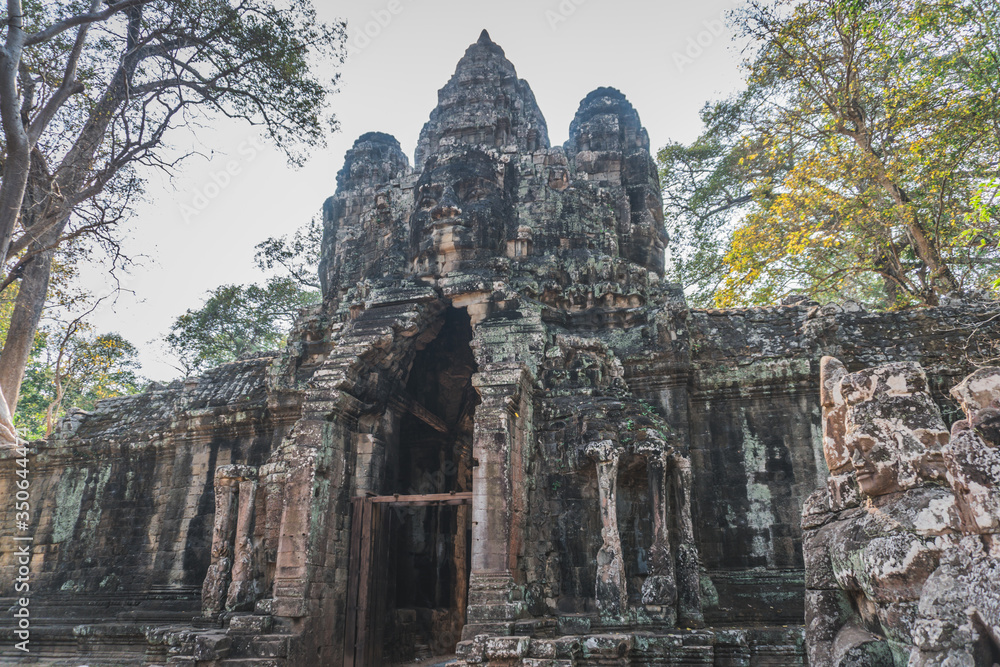 Ancient Angkor Wat Ruins Panorama. Front Gate of Angkor Thom. Siem Reap, Cambodia