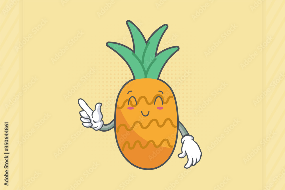 SMILING, HAPPY, RELIEVED Face Emotion. forefinger pointed at Hand Gesture. Pineapple Fruit Cartoon Drawn Mascot Illustration. SMILING, HAPPY, RELIEVED Face Emotion. forefinger pointed at Hand Gesture. Pineapple Fruit Cartoon Drawn Mascot Illustration.