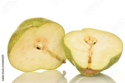 Juicy ripe, sweet, organic green pears, closeup, on a white background.