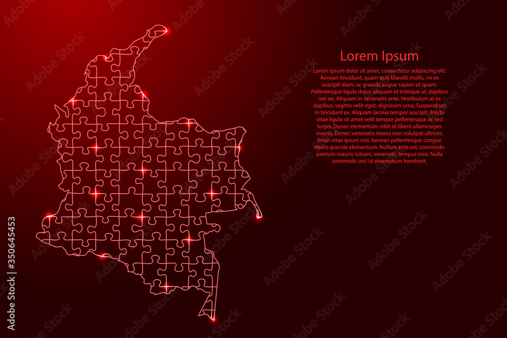 Colombia map from red pattern from composed puzzles and glowing space stars. Vector illustration. Colombia map from red pattern from composed puzzles and glowing space stars. Vector illustration.