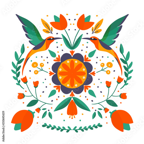 folk art scandinavian colourful pattern with floral and birds vector illustration