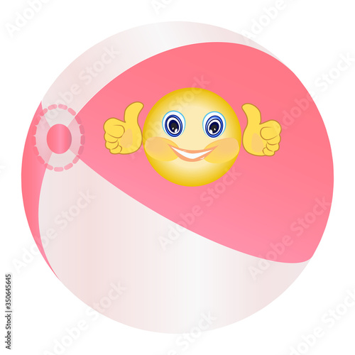 Swimming bouncy ball and funny smiley - isolated on white background - vector. Summer rest. Let's go to the beach.