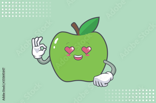 LOVELY, HAPPY, LOVING IN LOVE, HEART EYE Face Emotion. Ok, Nice, Good Hand Gesture. Green Apple Cartoon Mascot Illustration.