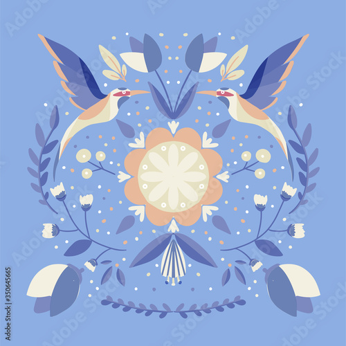 folk art scandinavian colourful pattern with floral and birds vector illustration