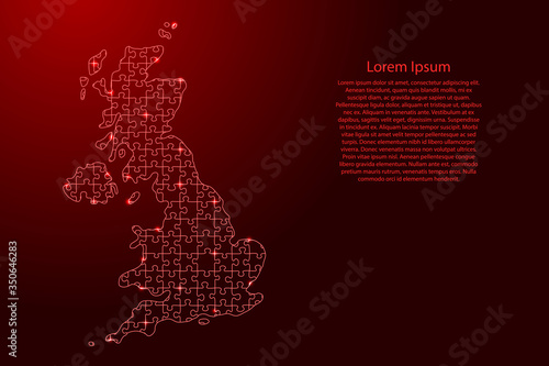 United Kingdom map from red pattern from composed puzzles and glowing space stars. Vector illustration.