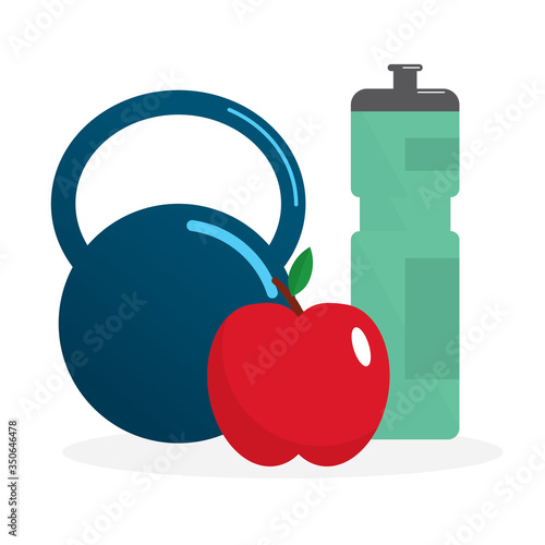 Liquid sport bottle with heavy dumbbell and red shining apple. Healthy lifestyle. Home workout. Stay healthy. Composition. Vector illustration. Health concept.