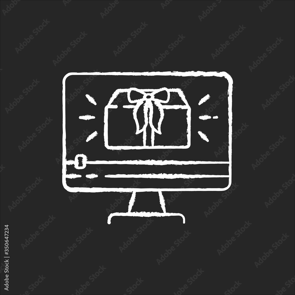 Unboxing video chalk white icon on black background. Present box unpacking. Blogger online channel. New purchase review. Digital marketing content. Isolated vector chalkboard illustration Unboxing video chalk white icon on black background. Present box unpacking. Blogger online channel. New purchase review. Digital marketing content. Isolated vector chalkboard illustration
