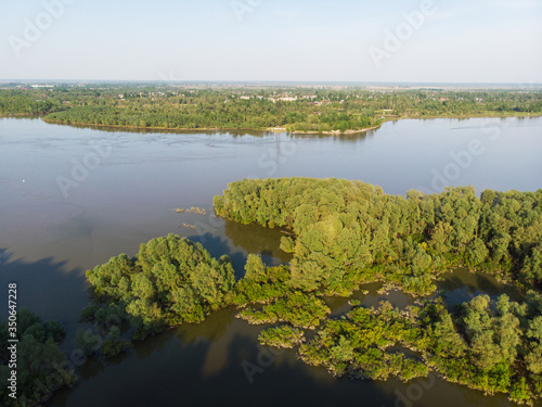 Aerial view of big siberian Ob river in beauty summer day, drone shot