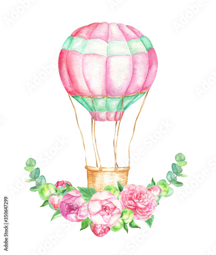 Watercolor illustration of a pink aerostat balloon with floral decoration.