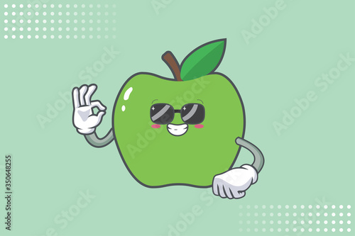 RELAXED, GLASSES, COOL Face Emotion. Ok, Nice, Good Hand Gesture. Green Apple Cartoon Mascot Illustration.