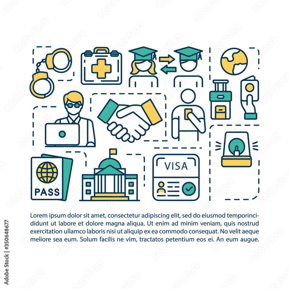 Embassy service concept icon with text. Legal document for identification. Travel abroad. PPT page vector template. Brochure, magazine, booklet design element with linear illustrations