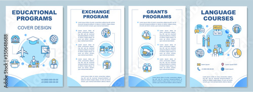 Educational program brochure template. Student exchange. Flyer, booklet, leaflet print, cover design with linear icons. Vector layouts for magazines, annual reports, advertising posters