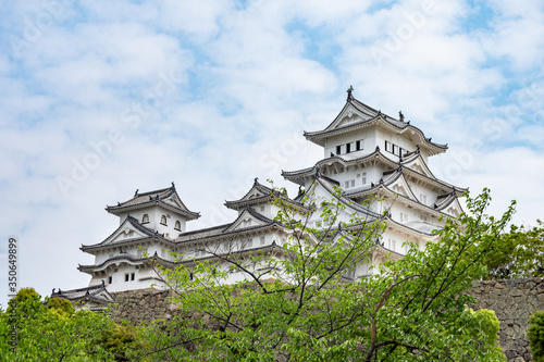 Himeji, Japan - May 06, 2019: Main tower of the Himeji Castle, the white Heron castle, Japan. UNESCO world heritage site after restauration and reopening.