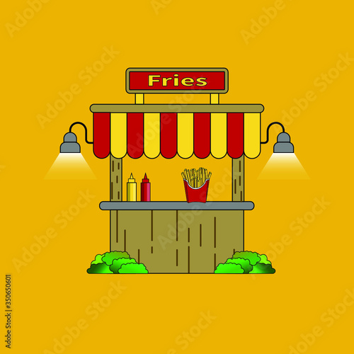 Lantern-lit stall with french fries and sauces