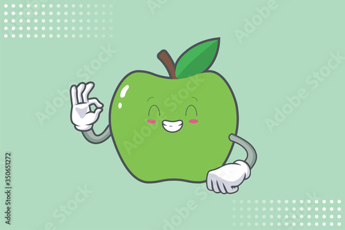 CONTENT, HAPPY , GRIN SMILE, cheerful Face Emotion. Ok, Nice, Good Hand Gesture. Green Apple Cartoon Mascot Illustration.