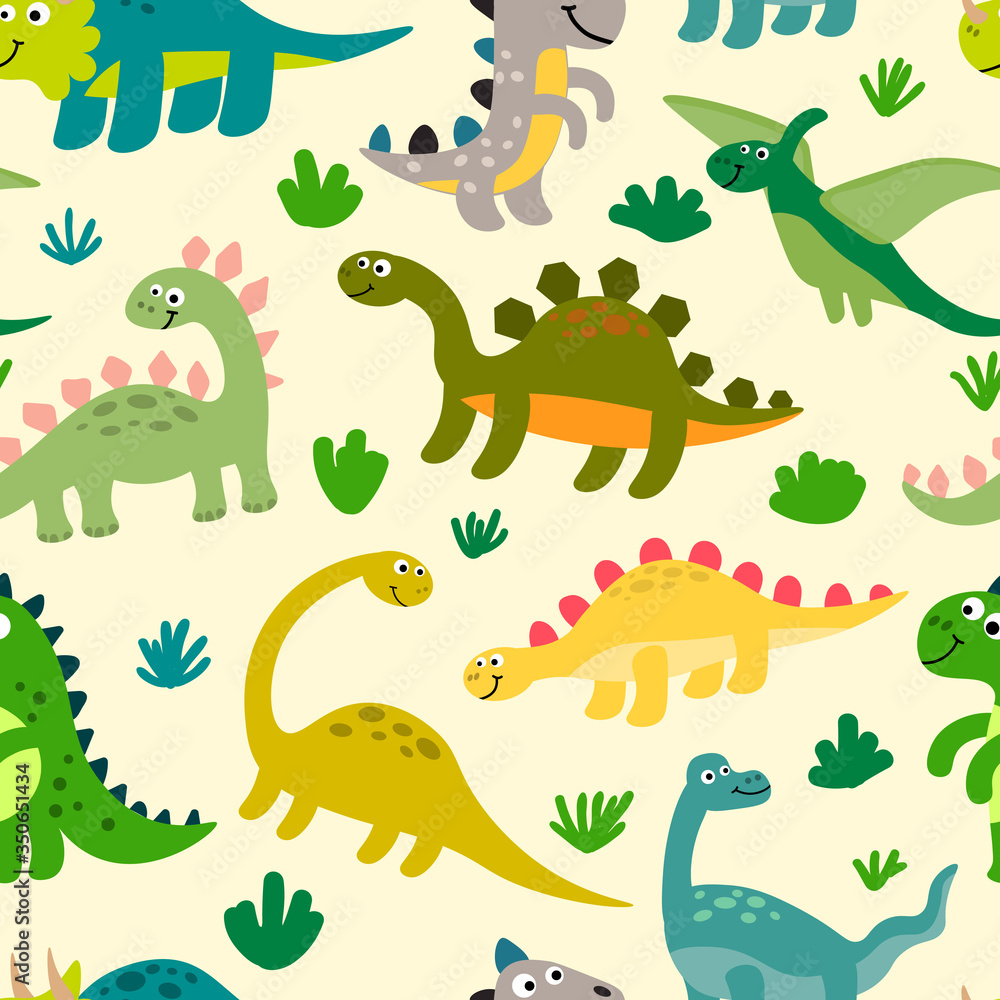Naklejka premium Cute dinosaurs seamless pattern in flat childlike style. Prehistoric world background. Vector illustration. 