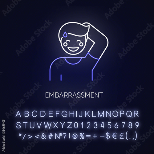 Embarrassment neon light icon. Man acting shy. Feeling of humiliation. Self conscious behaviour. Outer glowing effect. Sign with alphabet, numbers and symbols. Vector isolated RGB color illustration