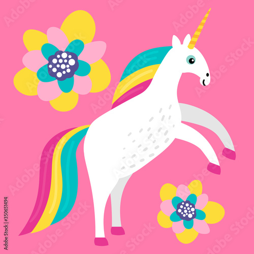 Cute cartoon unicorn with flowers in flat childlike style isolated on bright background. Vector illustration. 