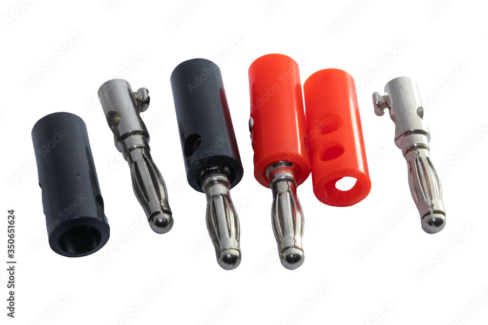 Adapter wire cable audio speaker banana plugs or banana jack connector isolated on white background. Adapter wire cable audio speaker banana plugs or banana jack connector isolated on white background.
