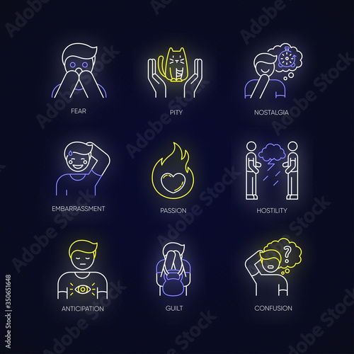 Emotion neon light icons set. Fear from phobia. Human feelings. Mental state. Negative behaviour. Panic attack. Signs with outer glowing effect. Vector isolated RGB color illustrations