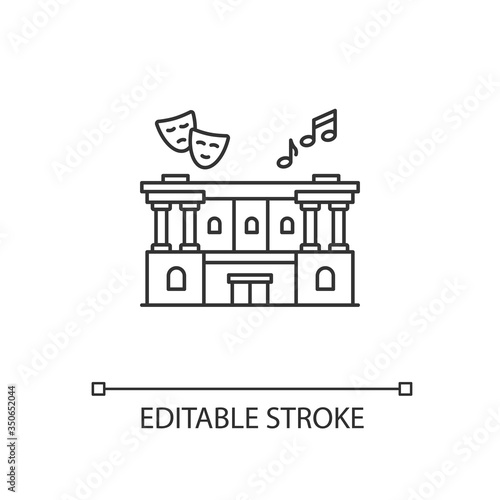Cultural center pixel perfect linear icon. Theater performance. Opera modern building exterior. Thin line customizable illustration. Contour symbol. Vector isolated outline drawing. Editable stroke