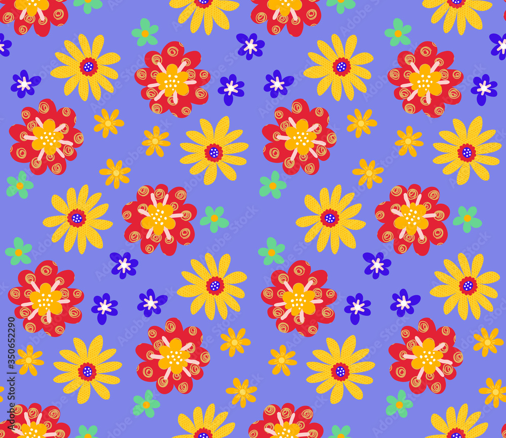 Cute cartoon flowers in flat style seamless pattern. Floral childlike style mosaic background. Vector illustration.     