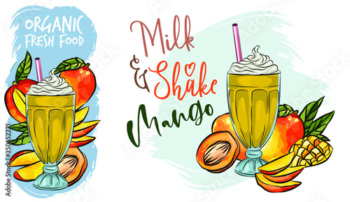 Vector illustration of vegan detox smoothie. Hand drawn recipe of a healthy drink made of mango, hand drawn smoothie recipe, Eco healthy ingredients vector illustration. Great for poster, banner, vouc photo