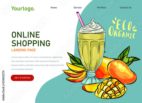 eco market Homemade mango cocktail farm product. Vector drawing vegetables. Organic farm store. Avocado market eco landing page template, ingredients vector illustration. Eco healthy, phone app