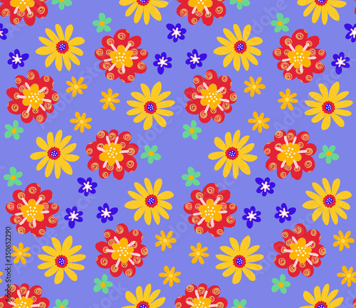 Cute cartoon flowers in flat style seamless pattern. Floral childlike style mosaic background. Vector illustration. 