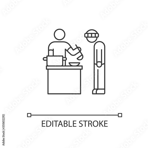 Food bank pixel perfect linear icon. Humanitarian aid for homeless people. Welfare service. Thin line customizable illustration. Contour symbol. Vector isolated outline drawing. Editable stroke