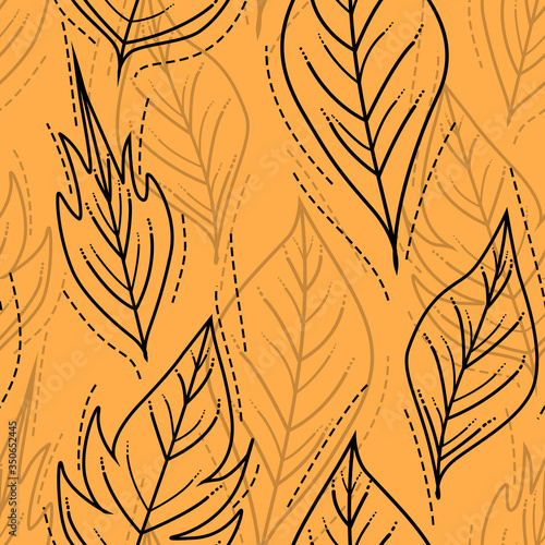 Leaves seamless pattern on orange background, decoration of the forest. Hand-painted sheet of wood. Texture with forest autumn time is used as a background, wrapping paper, textile or Wallpaper design