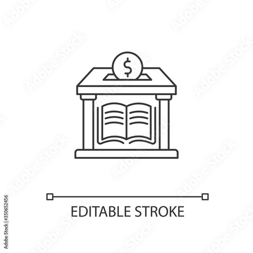 Public library donation pixel perfect linear icon. Donate money to support free education. Thin line customizable illustration. Contour symbol. Vector isolated outline drawing. Editable stroke