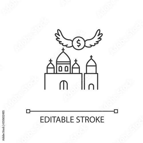 Church donation pixel perfect linear icon. Charity for religion. Money for congregation. Thin line customizable illustration. Contour symbol. Vector isolated outline drawing. Editable stroke