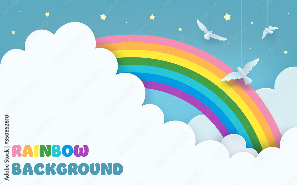 Layered blue sky background with a rainbow, clouds, flying birds, stars. Minimal scenery background in paper art style with copy-space for baby nursery, kids' room decor. Vector Illustration. Layered blue sky background with a rainbow, clouds, flying birds, stars. Minimal scenery background in paper art style with copy-space for baby nursery, kids' room decor. Vector Illustration.