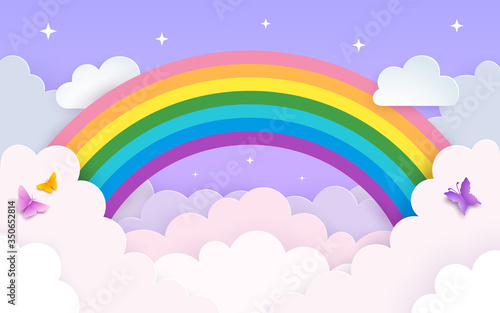 Soft pink and purple sky background with rainbow  clouds  stars and butterflies. Minimal backdrop in layered paper art style with copy space. Baby nursery  kids  room decor. Vector Illustration.