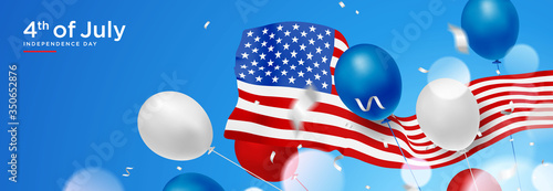 4th of july USA independence day celebration banner with wavy flag, balloon and confetti 3d vector template