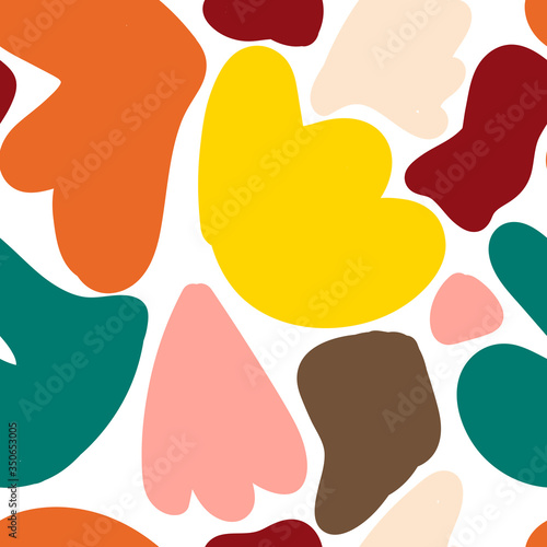 Colorful cartoon random stain seamless pattern. Abstract geometric shape backdrop. Floral elements background. Vector illustration.