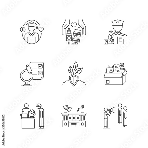 Human support pixel perfect linear icons set. Student loan for college graduate. Help war veteran. Customizable thin line contour symbols. Isolated vector outline illustrations. Editable stroke